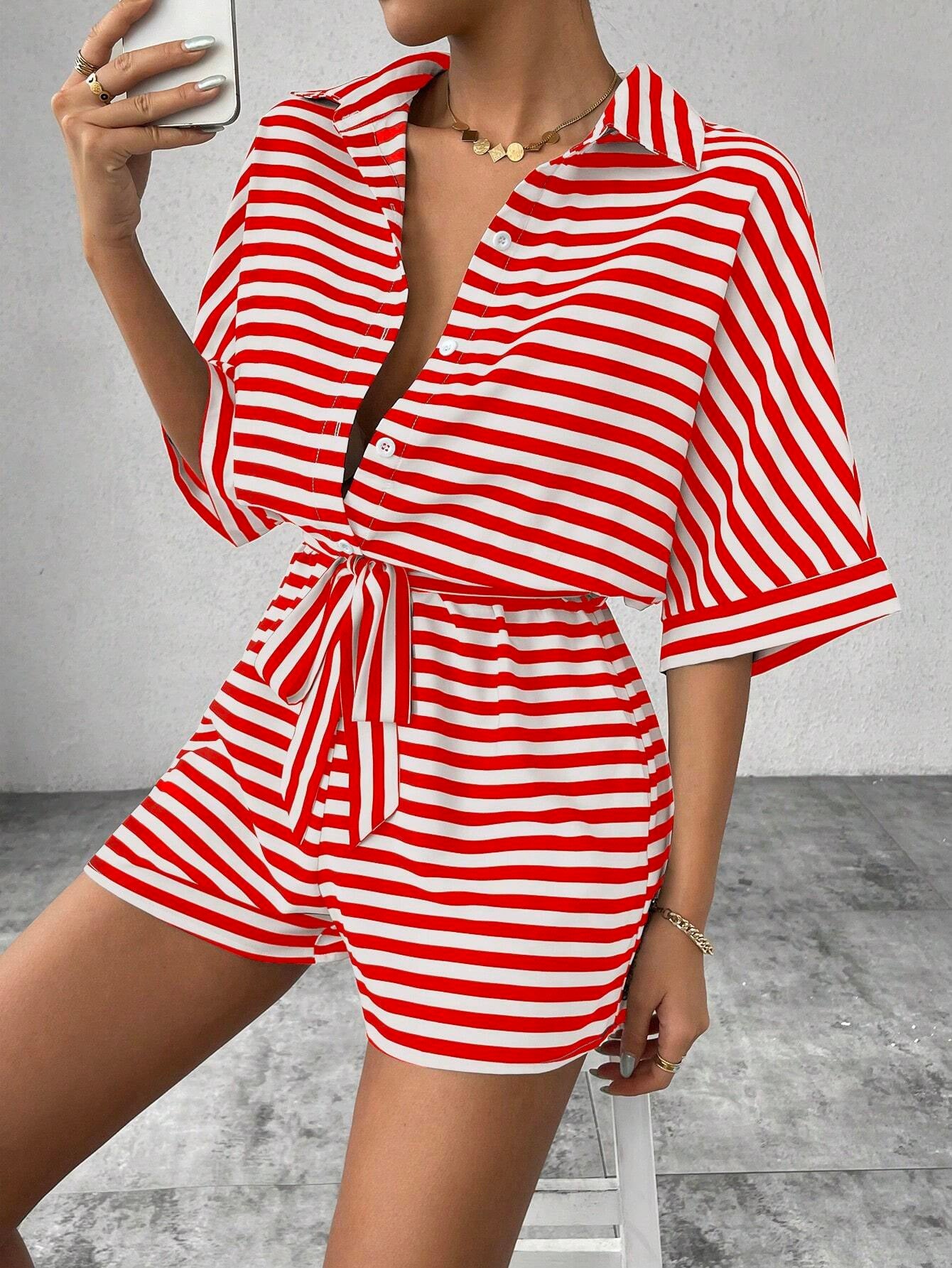 Women's Striped Lapel Button Half Sleeve Belt Jumpsuits
