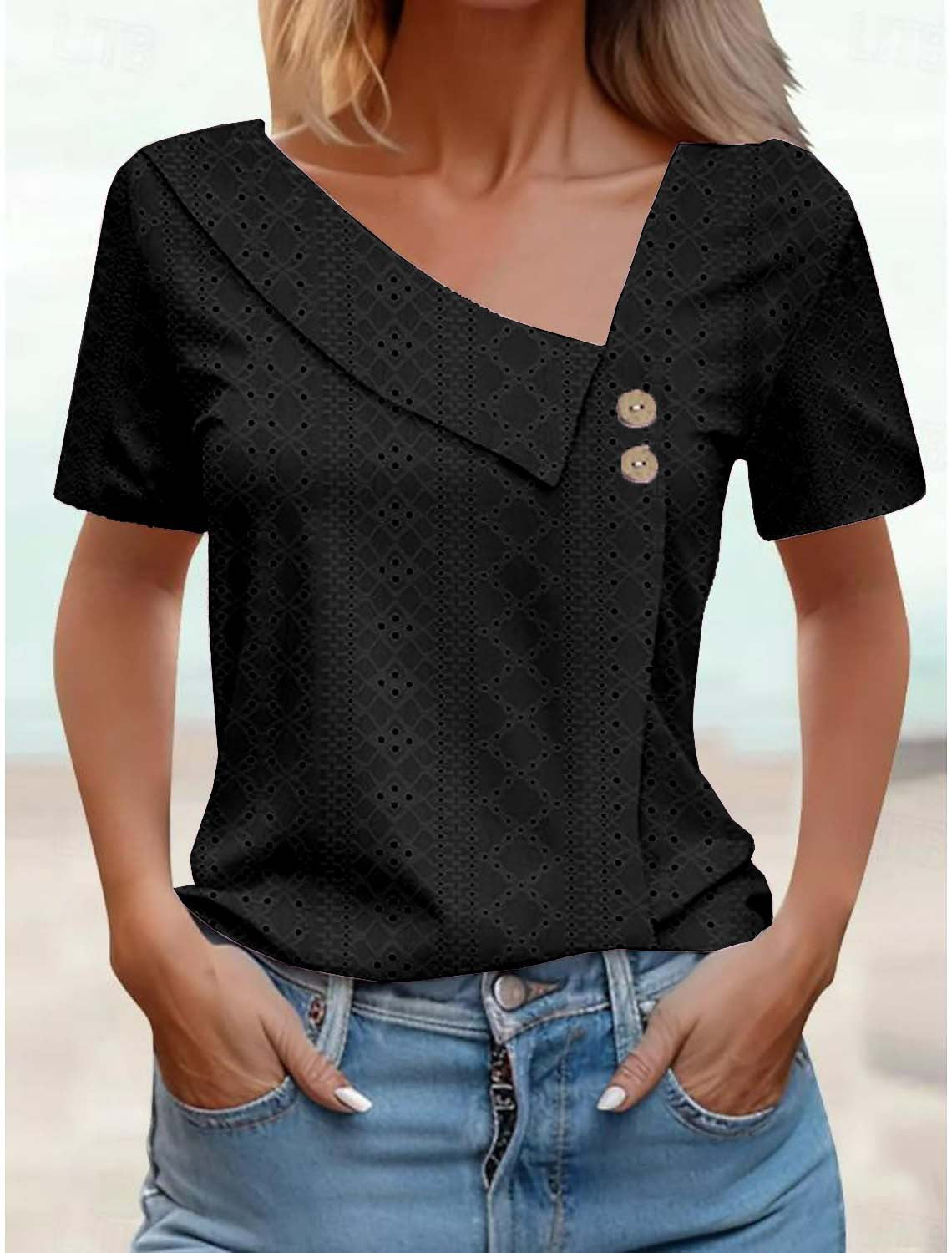 Summer Button Solid Color Loose Sleeve Blouses