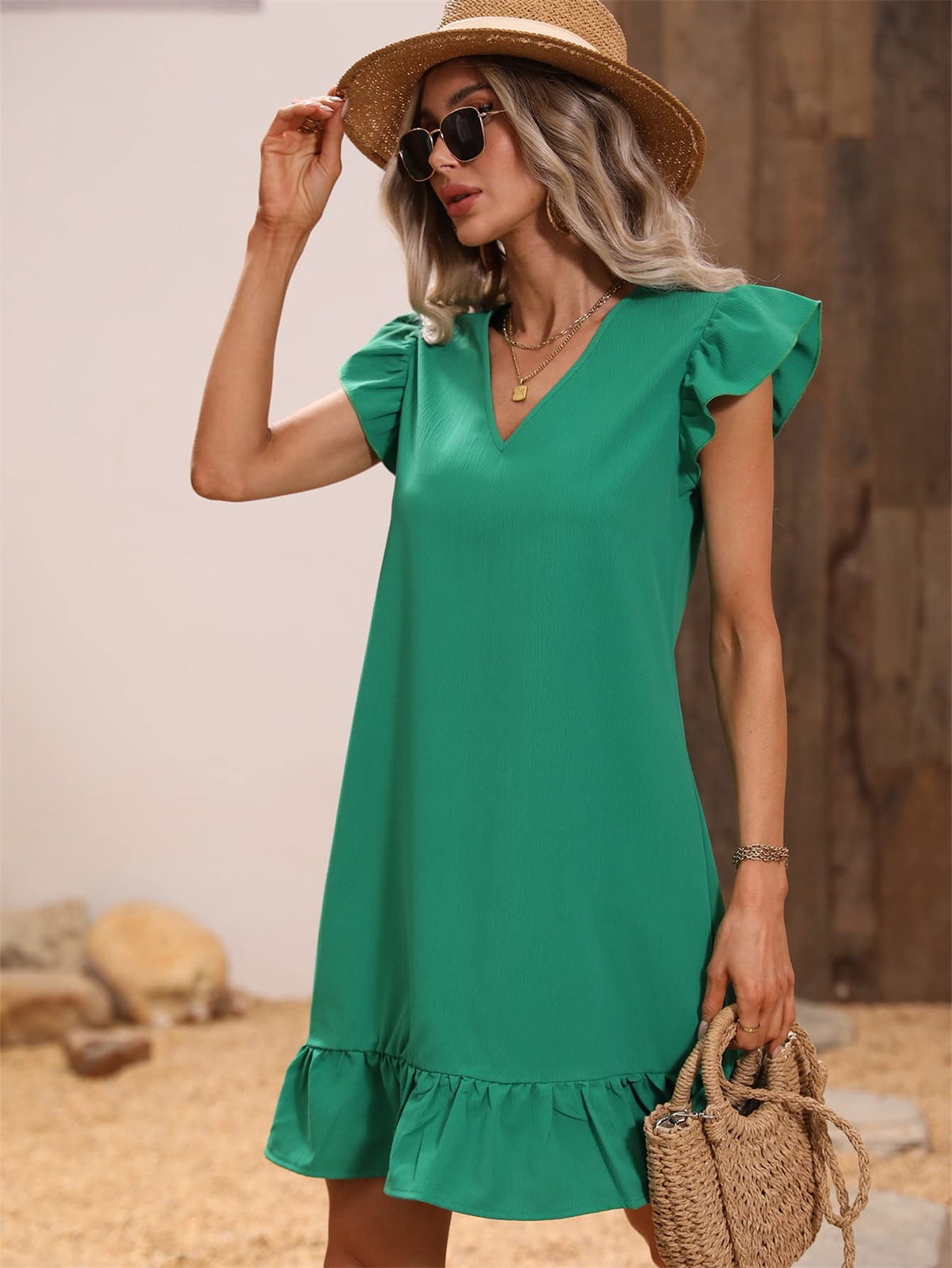 Women's Collar Ruffle Sleeve Loose Waist Dress