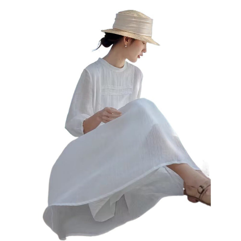Women's Cotton Linen Loose Big Hem White Dresses