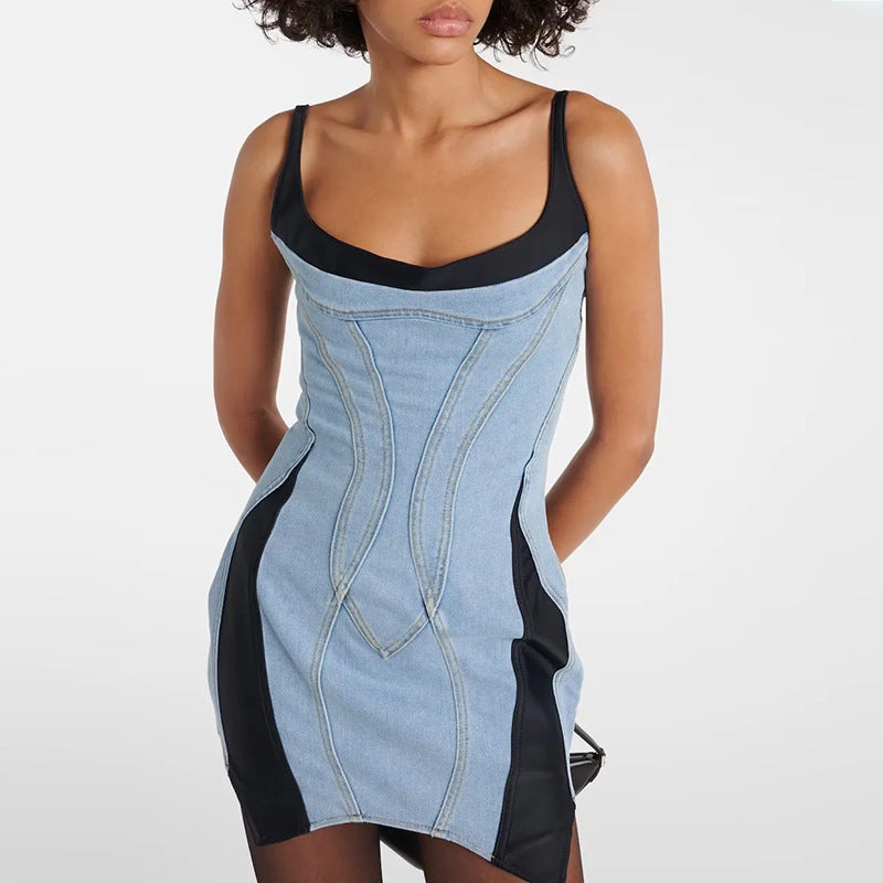 Women's French Style High Sense Denim Braces Dress