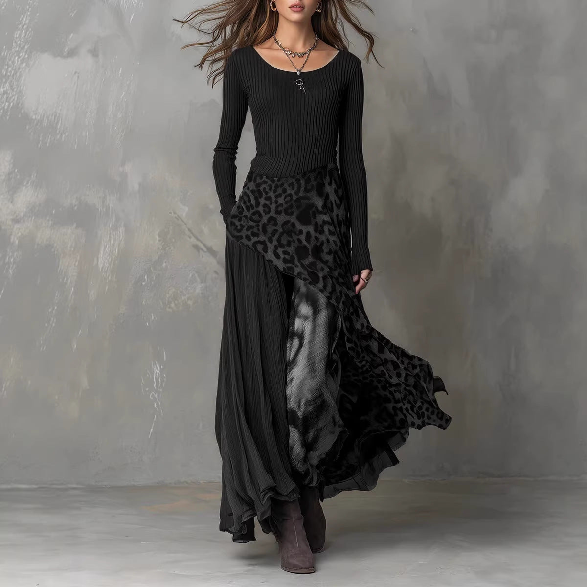 Stitching Leopard Print Elastic Waist Long Sleeve Big Hem Dress