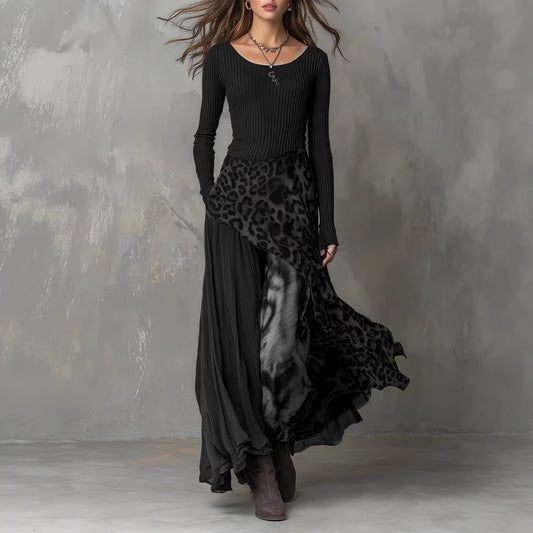 Stitching Leopard Print Elastic Waist Long Sleeve Big Hem Dress