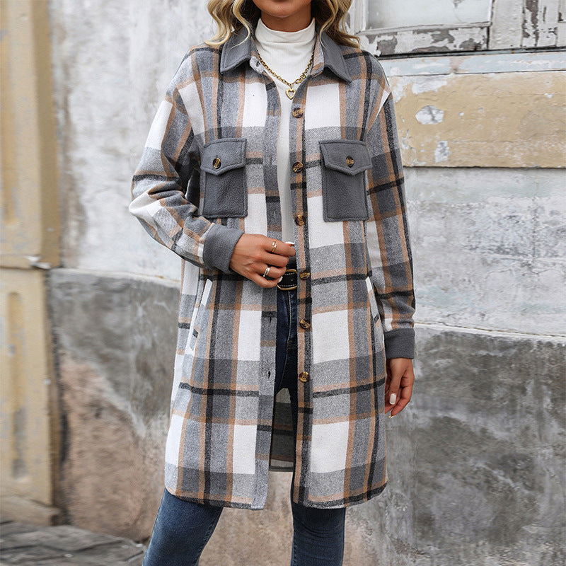 Women's Innovative Slouchy Brushed Plaid Long Coats