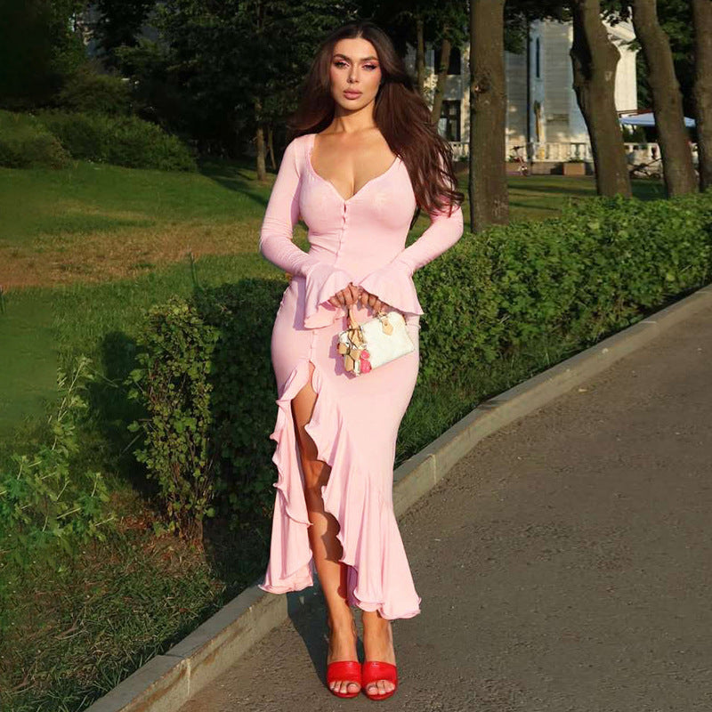 Women's Autumn Fashion Sexy Bell Sleeve Ruffled Button Dress