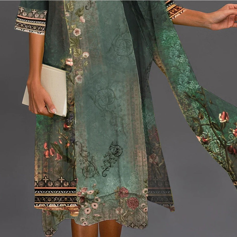 Women's Dress Two-piece Emerald Mid-length Green Long-sleeved Fashion Casual Suit
