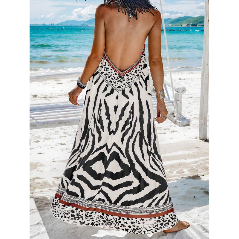 Charming Classic Animal Print Backless Halter Dress