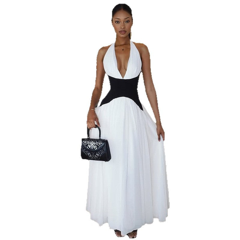 Women's Fashion Color Contrast Sexy Sleeveless Halter Large Dress