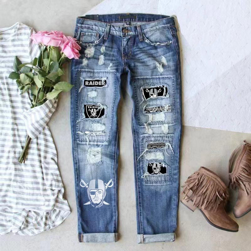 Women's Fashion Wear Straight Ripped Printed For Jeans