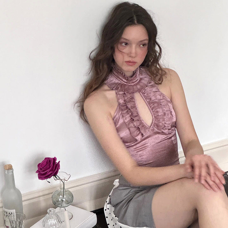 Retro Halter Fashion Lace Silk Hollow Tops