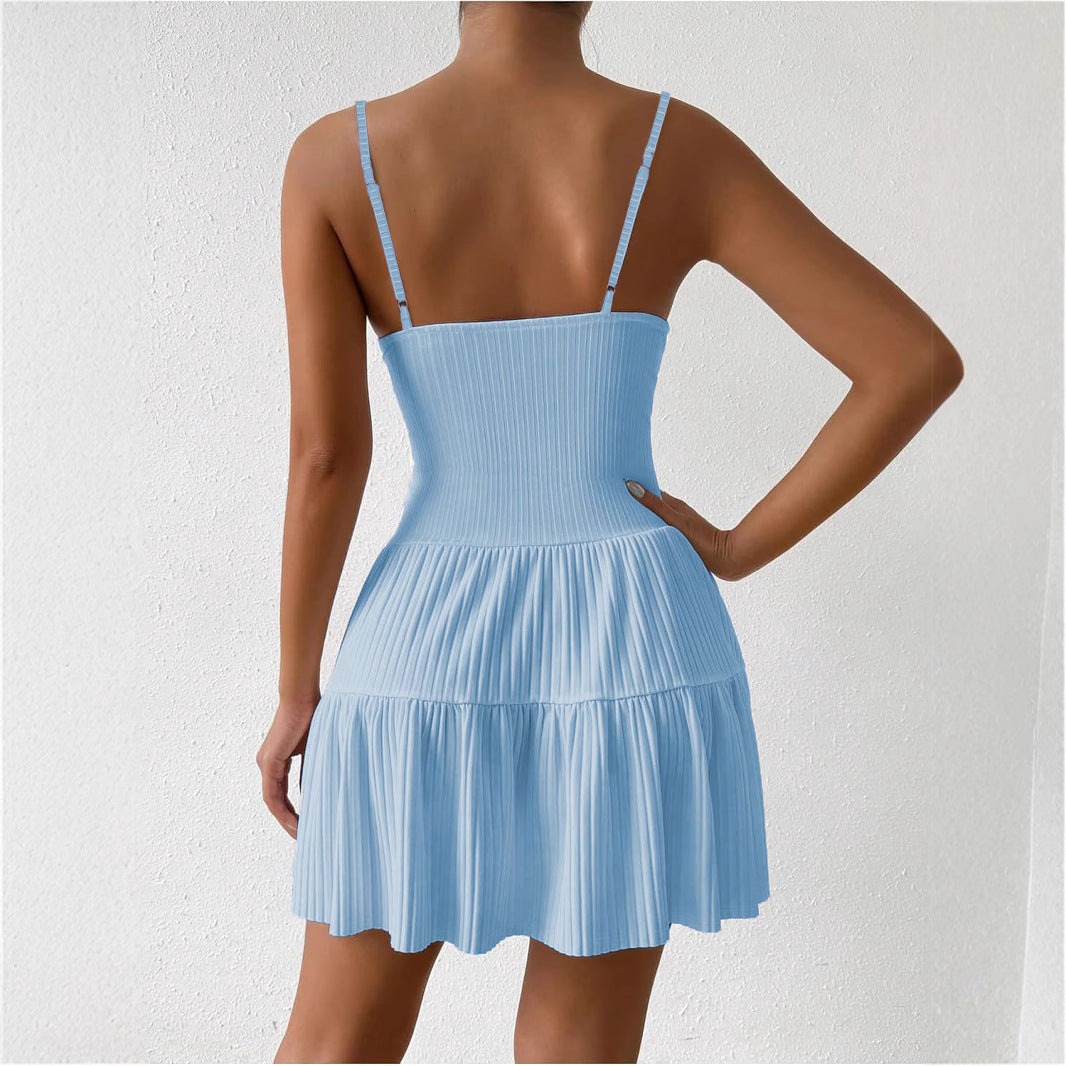 Women's Sleeveless Collar Layered Rib Knitted Backless Dress