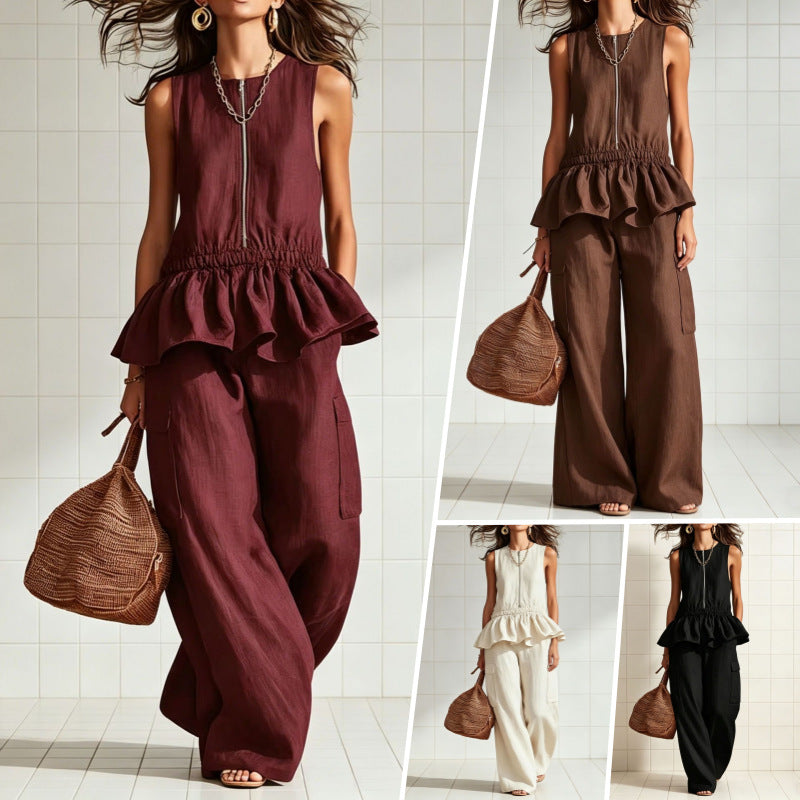 Women's Summer Sleeveless Pleated Wide Leg For Fashion Casual Suit