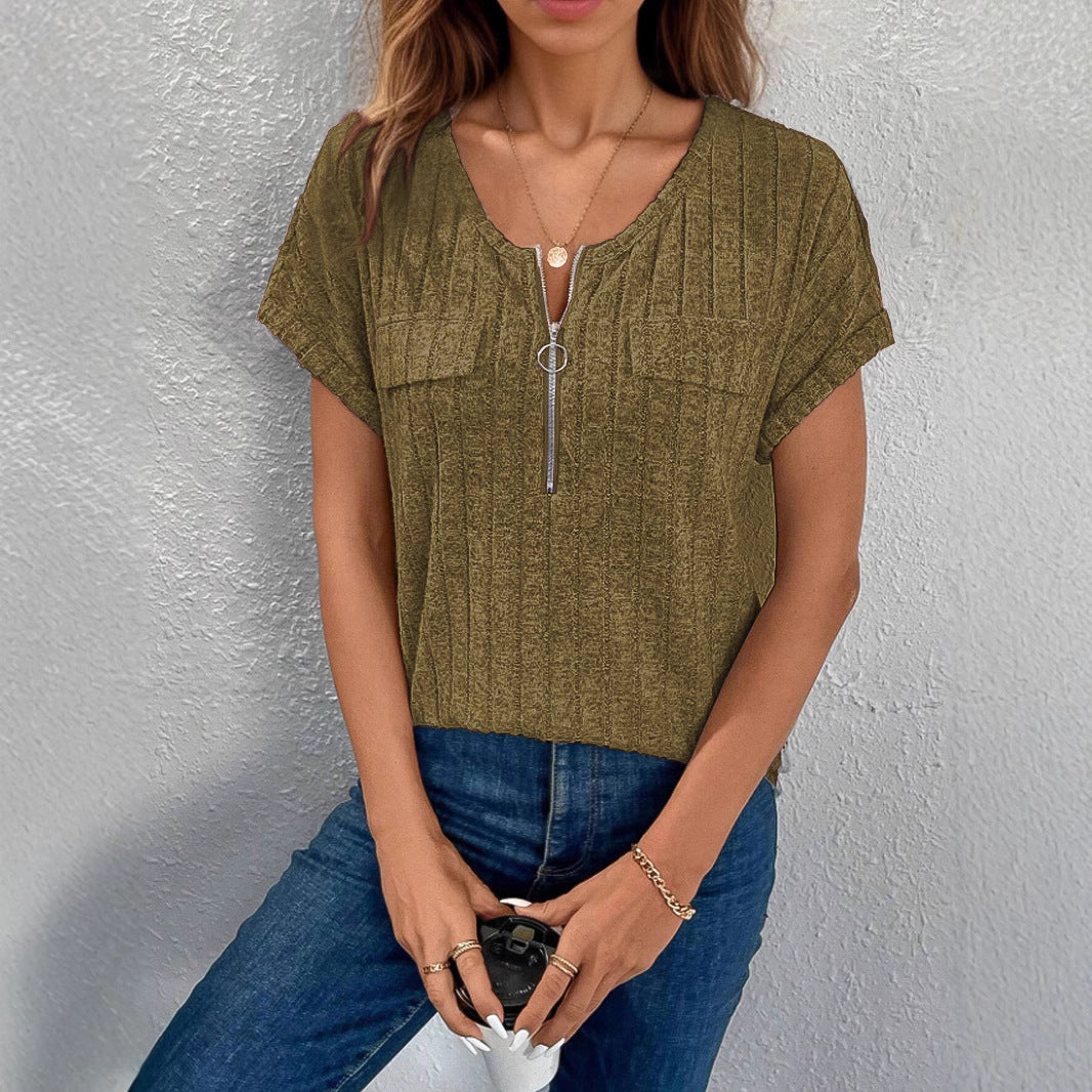 Solid Color Zipper Sleeve Faux Pocket Blouses