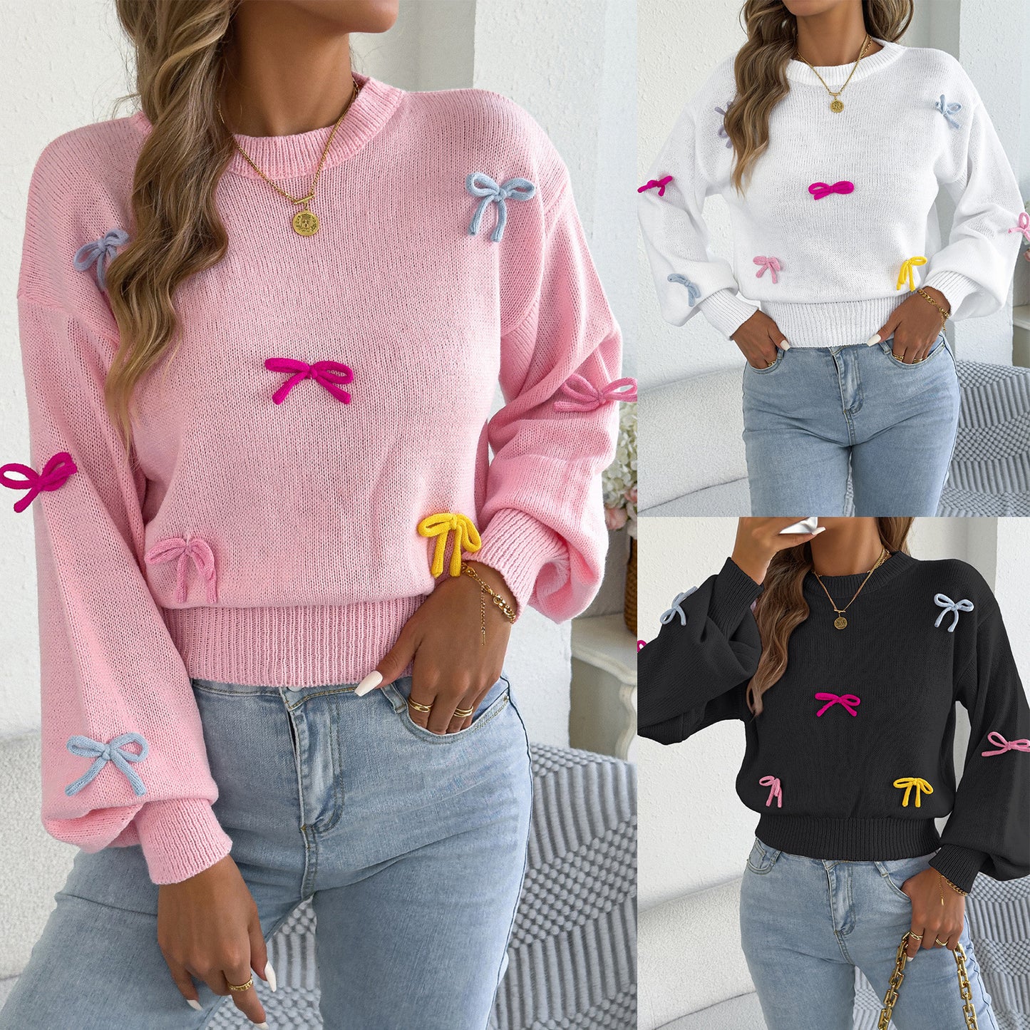 Women's Fashionable Color Bow Lantern Sleeve Fitted Sweater
