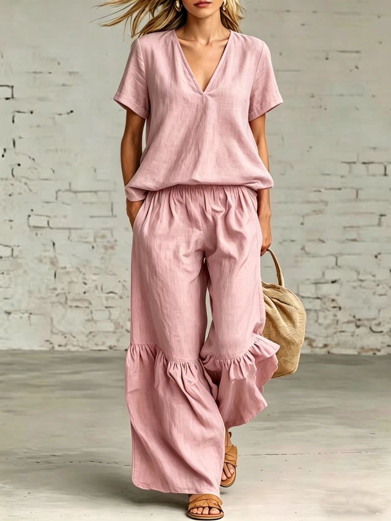 Women's Solid Color Loose Short-sleeved Trousers Two-piece Fashion Casual Suit