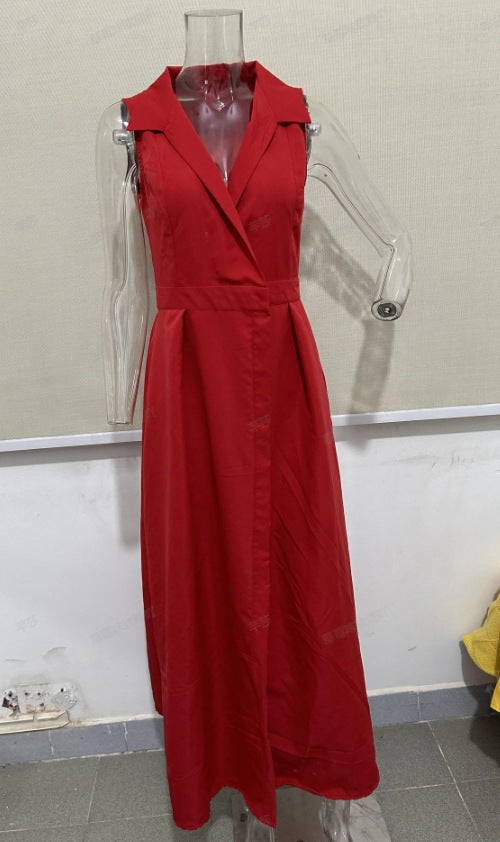 Autumn Solid Color Polo Collar Pleated Long Dresses
