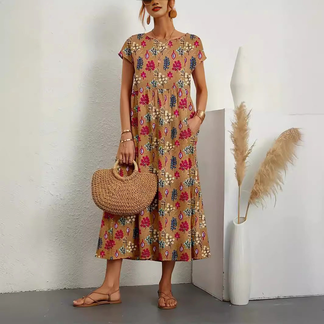 Women's Cotton Linen Sleeveless Round Neck Printed Dresses