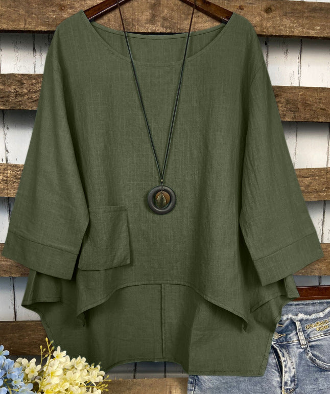 Summer Fashion Round Neck Pocket Solid Blouses
