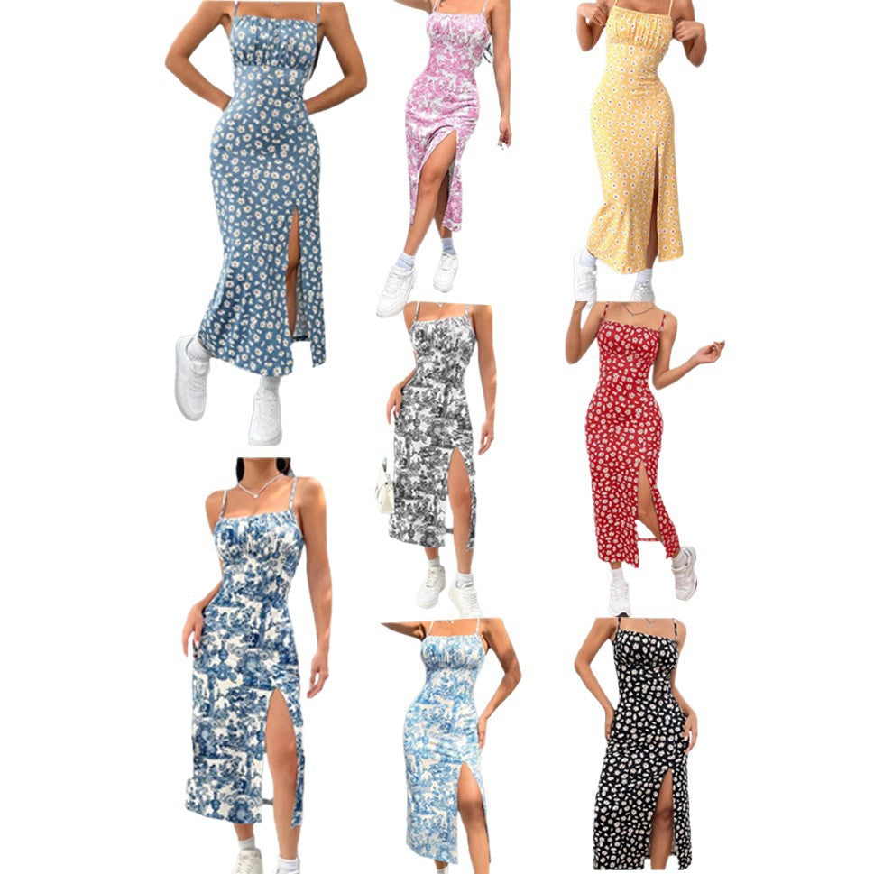 Autumn Spaghetti Straps Chest Wrap High Slit Little Daisy Leopard Dress