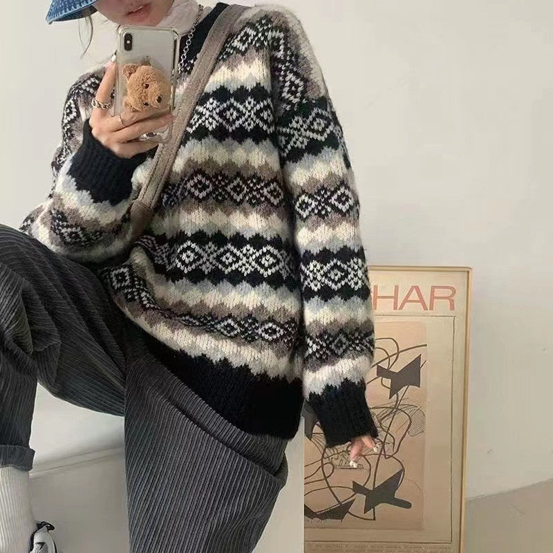 Women's Loose Casual Rhombus Plaid Brocade Outer Wear Idle Style Sweaters