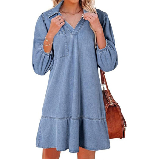 Women's Style Clothes Cropped Puff Sleeve Denim Dresses