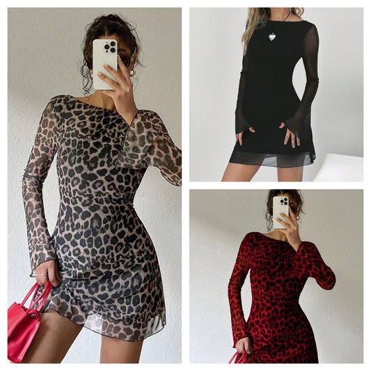 Sexy Backless Leopard Print Long Sleeve Dress
