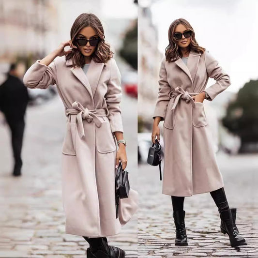 Women's Simple Double Breasted Long Sleeve Lapel Button Coats