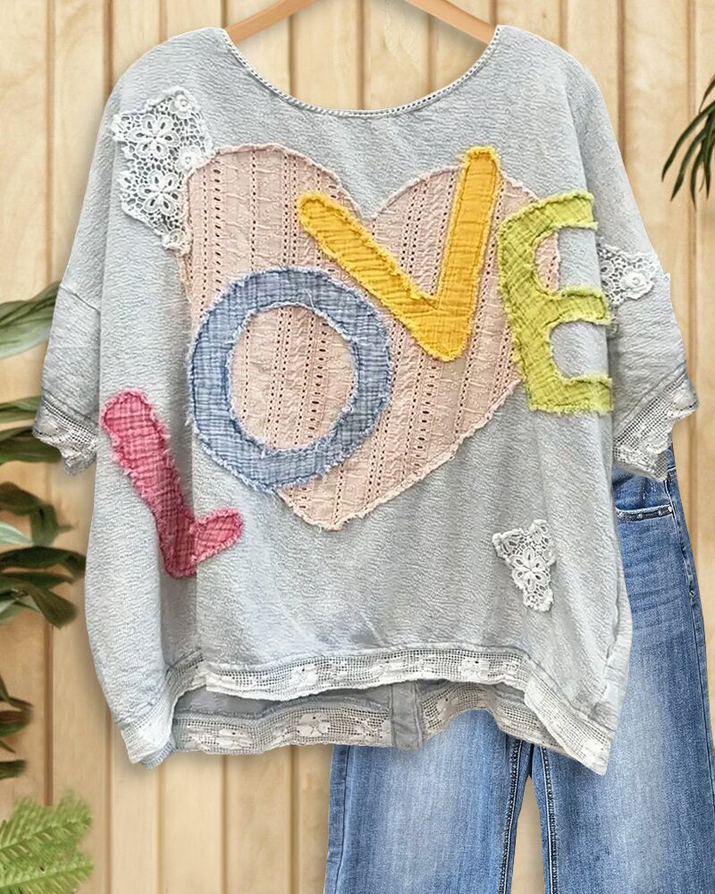 Letter Heart-shaped Lace Affixed Cloth Embroidered Tops
