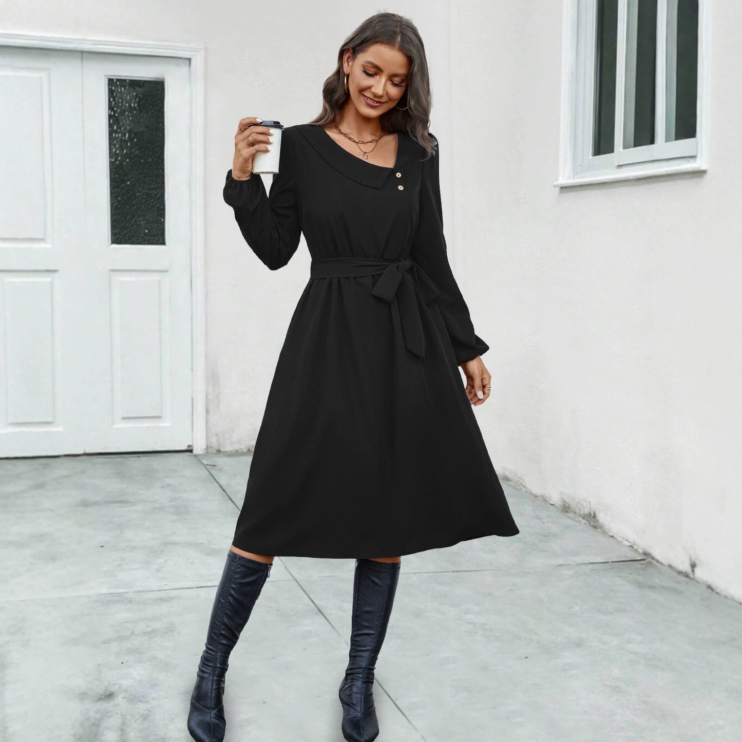 Women's Irregular Collar Button Long Sleeve Dress
