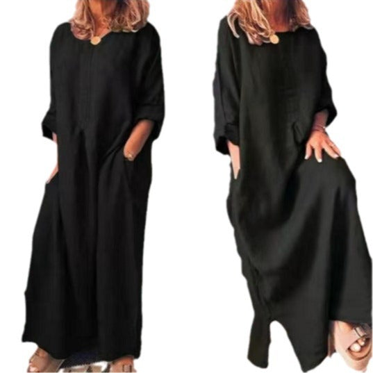 Women's Cotton Linen Solid Color Loose Dress Dresses