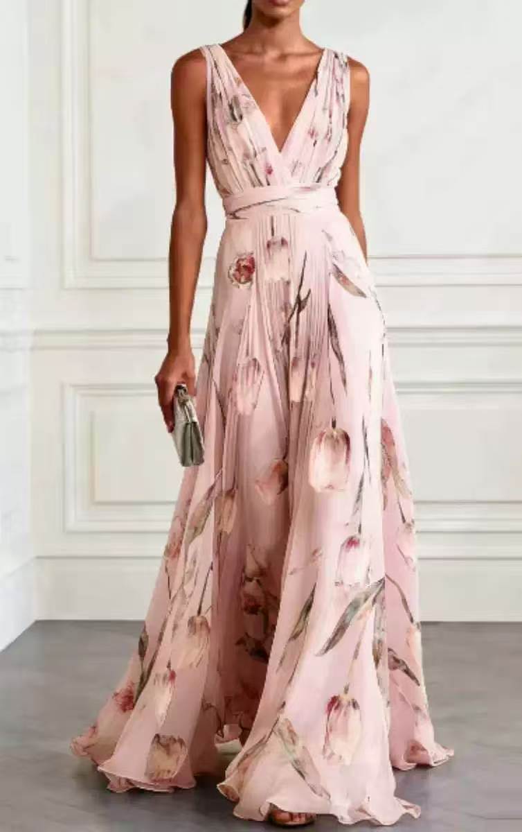 Women's Tulip Print Sleeveless Temperament Long Female Dress