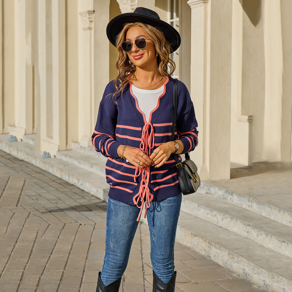 Women's Lace Striped Loose Multicolor Slimming Contrast Knitwear