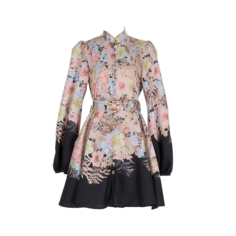 Design High Version Single-breasted Stand-up Collar Puff Sleeve Dresses
