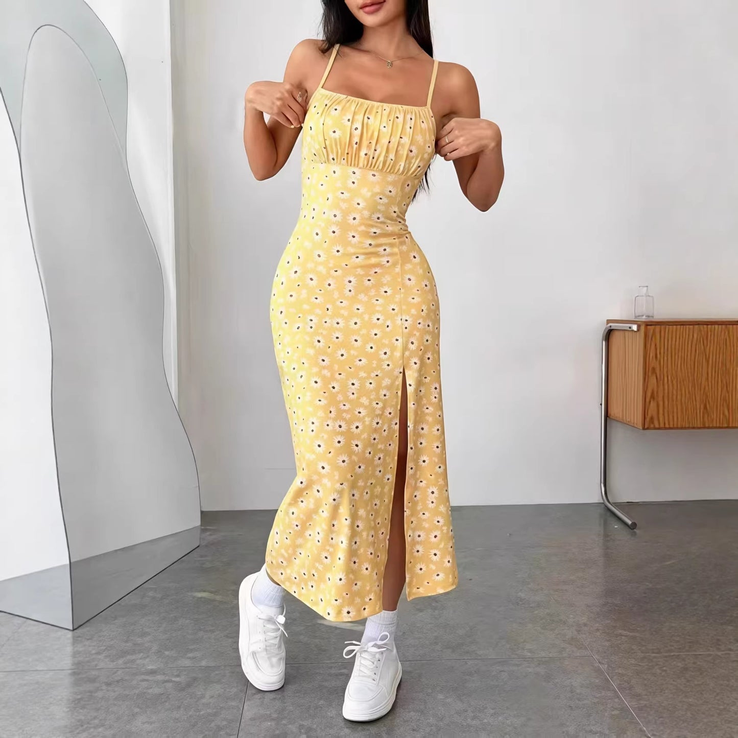 Women's Slit Daisy Blue White Porcelain Series Dress