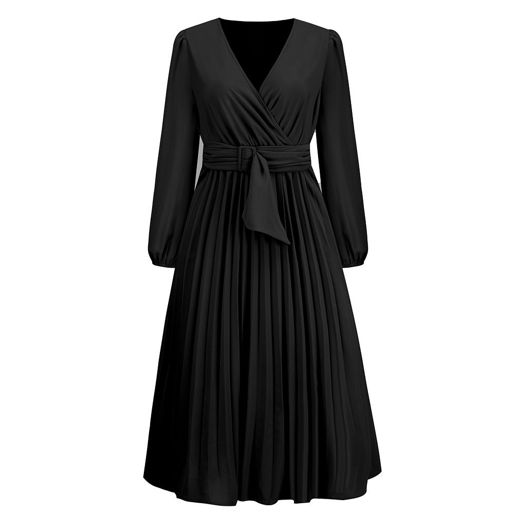Women's Long Sleeve Pleated Belt Dress A- Dresses