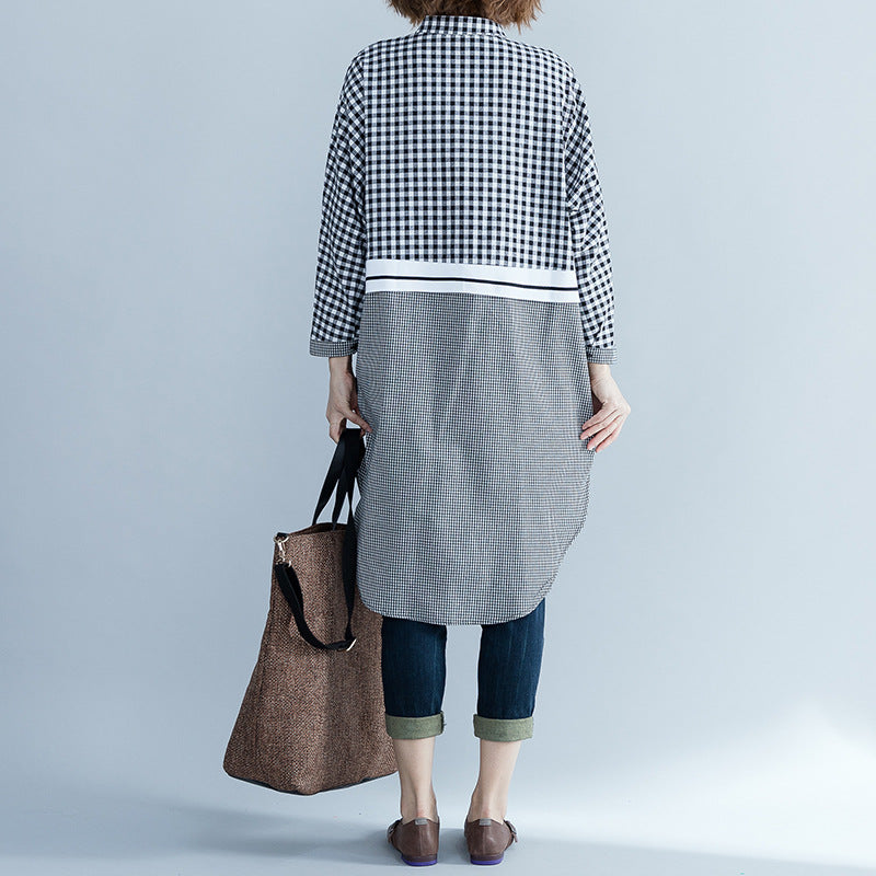 Women's Fashion Loose Leisure Slimming Plaid Lapel Long Sleeve Dress