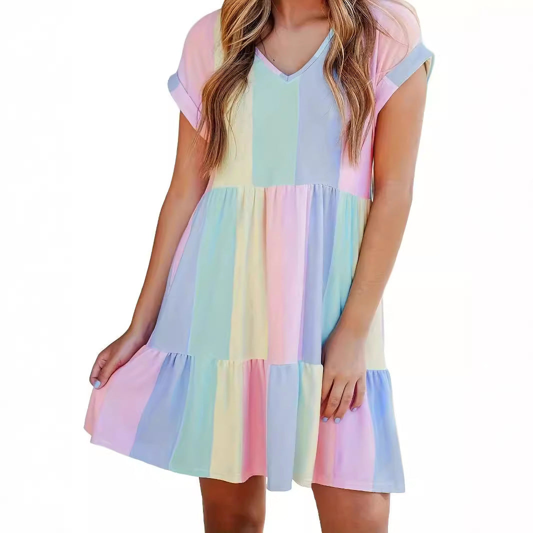 Women's Fashion Casual Stripe Printing Color Contrast Dresses