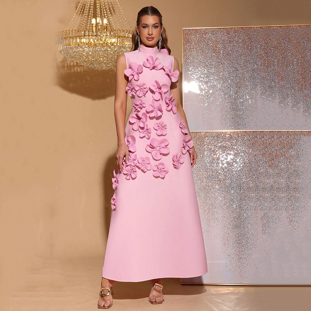 Women's Line Long Summer Patchwork Stand-up Collar Dresses