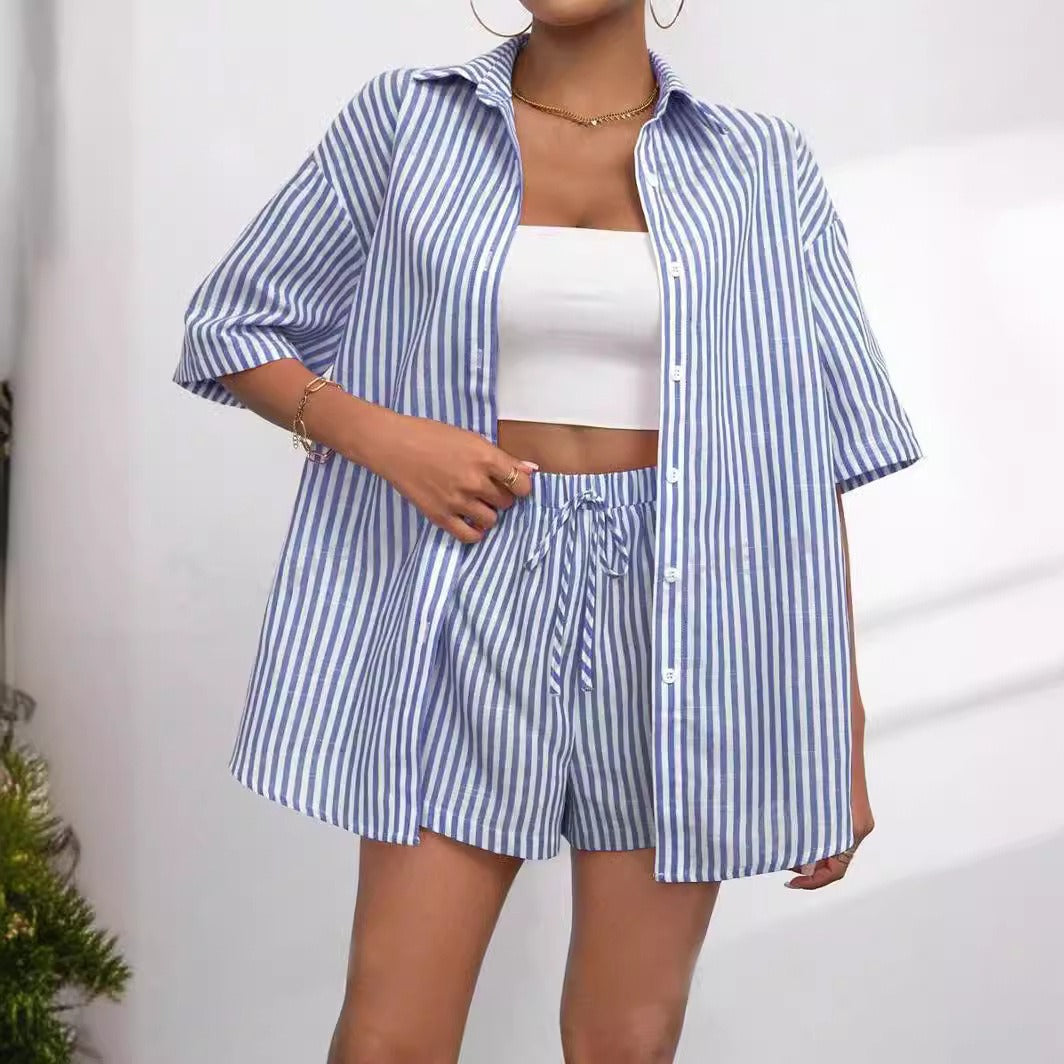 Lapel Casual Striped Sleeve Two-piece Set Pants