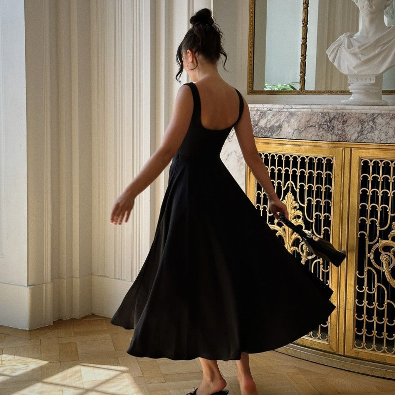 Women's Summer Temperament Square Collar Sleeveless Waist Trimming Dress