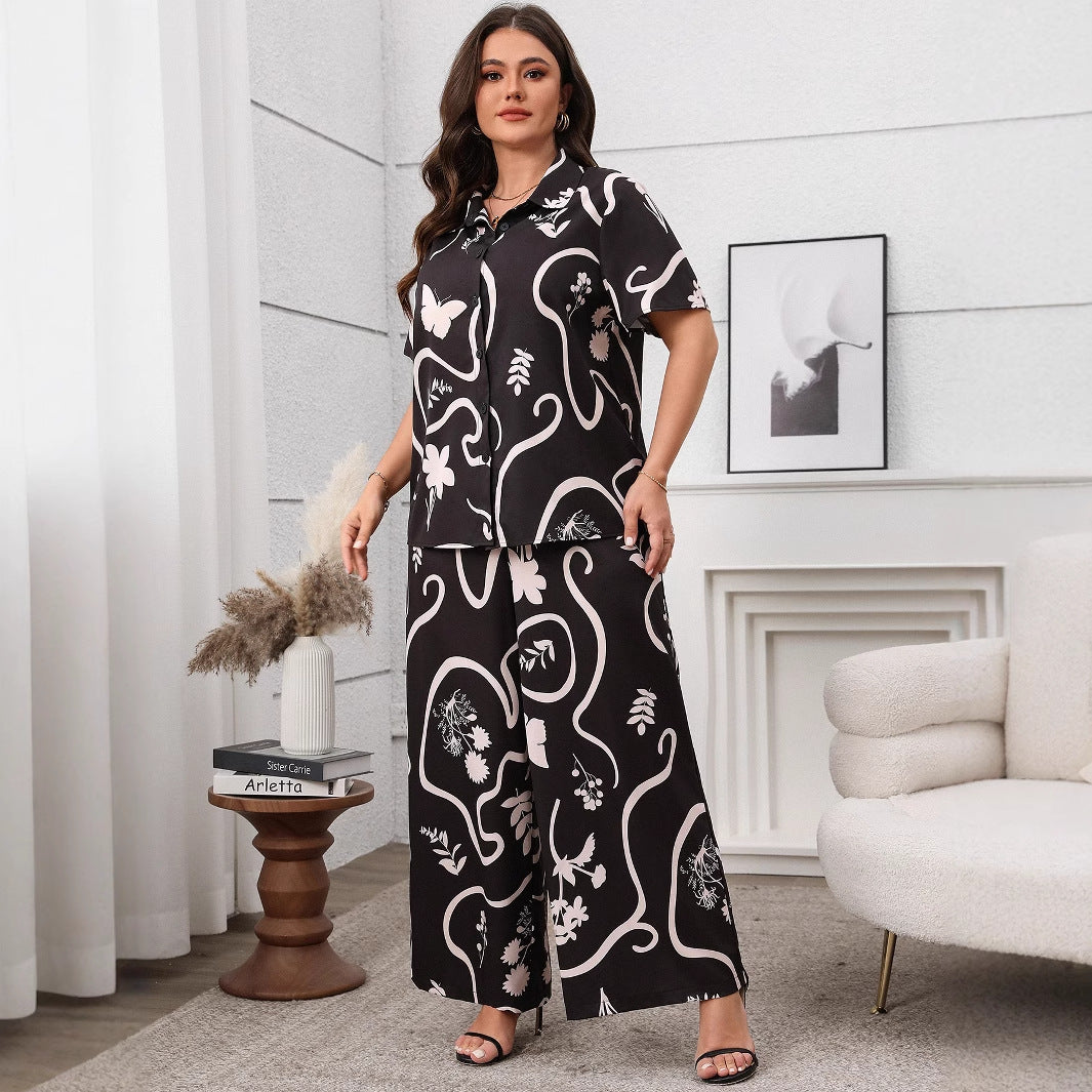 Women's Printed Loose Sleeve Wide Leg Suits