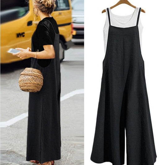 Linen Suspender Trousers Loose Solid Color Pants