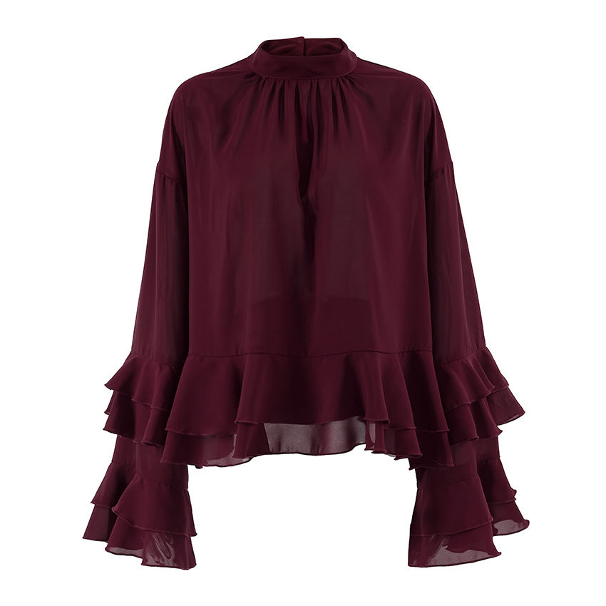 Women's Style Brown Ruffled Chiffon For Autumn Blouses