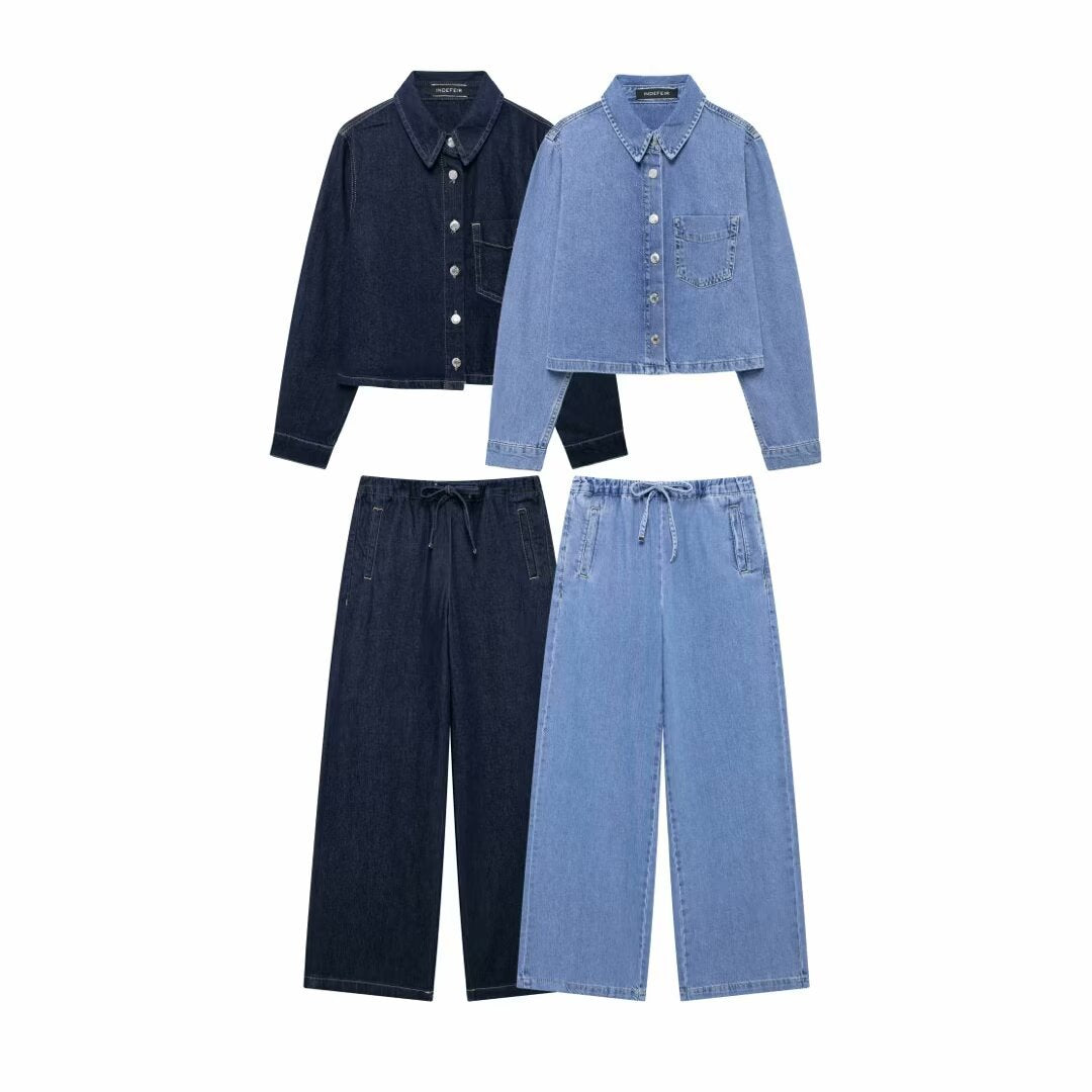 Women's Elegant Trendy Denim Shirt Jogging Suits