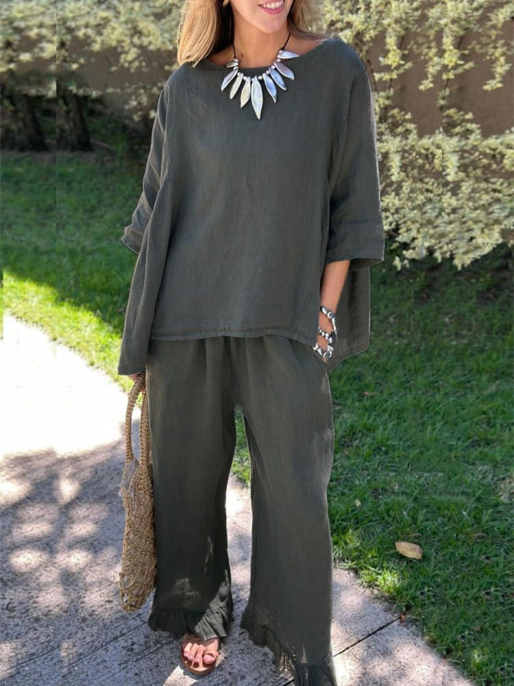 Women's Cotton Linen Solid Color Loose Trousers Fashion Casual Suit