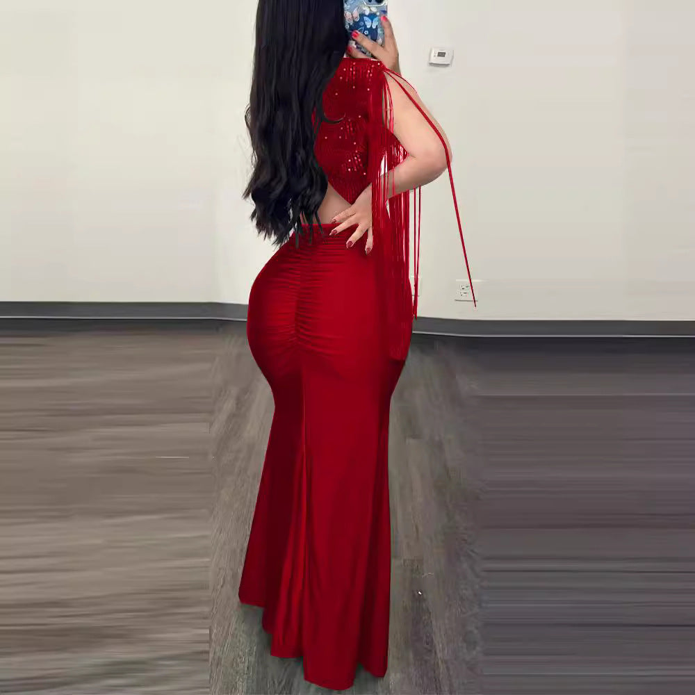 Sequin Sheath Sexy Crew Neck Split Fringe Dress