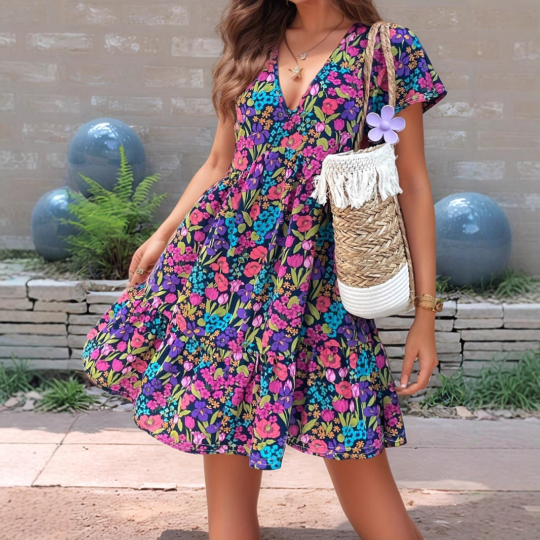 Comfortable Women's Printed Stitching Flower Short-sleeved Dress