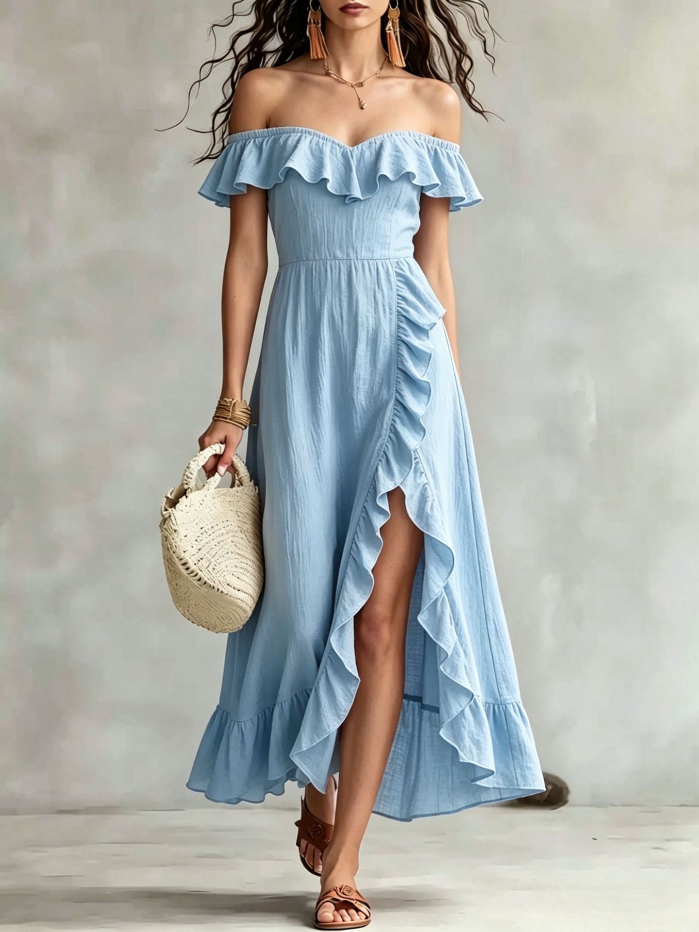 Women's Summer Collar Sleeveless Pink Ruffled Split Dress