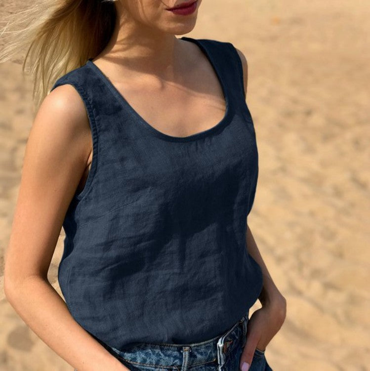 Women's Cotton Linen Summer Solid Color Round Tops