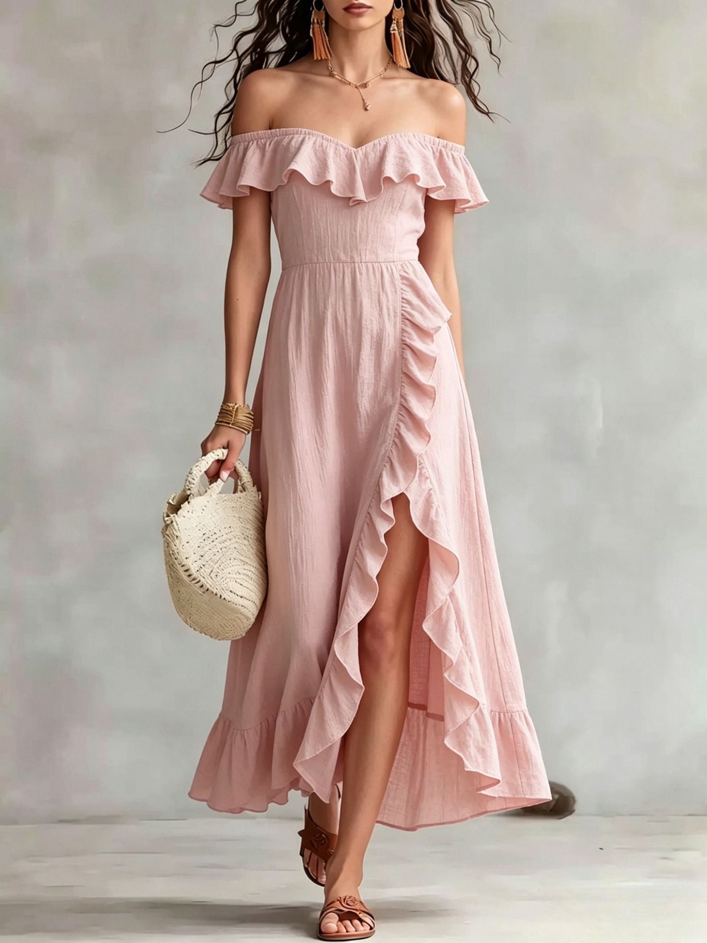 Women's Summer Collar Sleeveless Pink Ruffled Split Dress